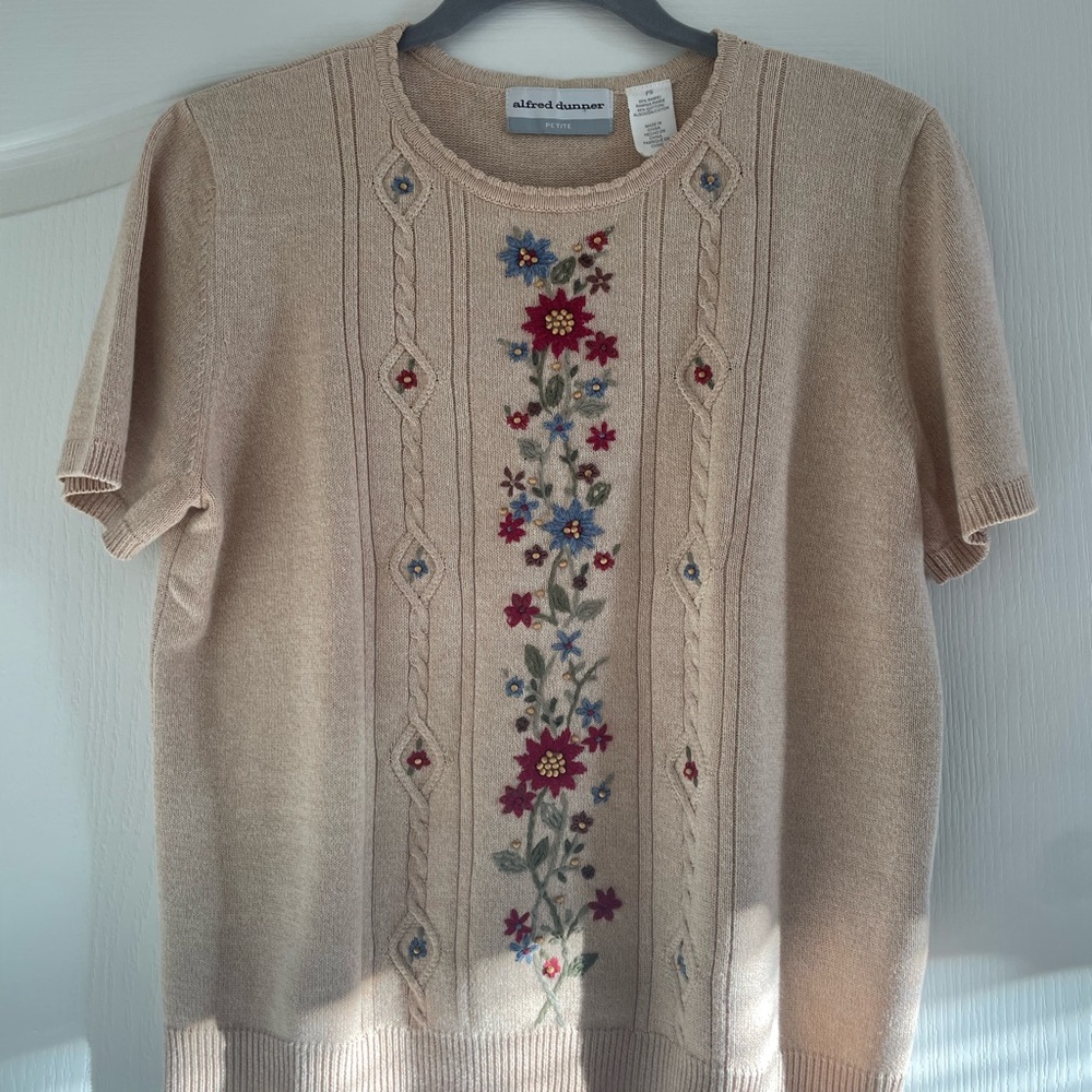 Alfred Dunner Tan Knit Top with Floral Accents